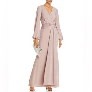 Knotted rose colored long sleeve evening gown